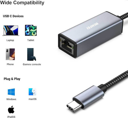 Benfei 269 Конвертор USB-C мъжки към RJ-45 женски Сив 1 брой