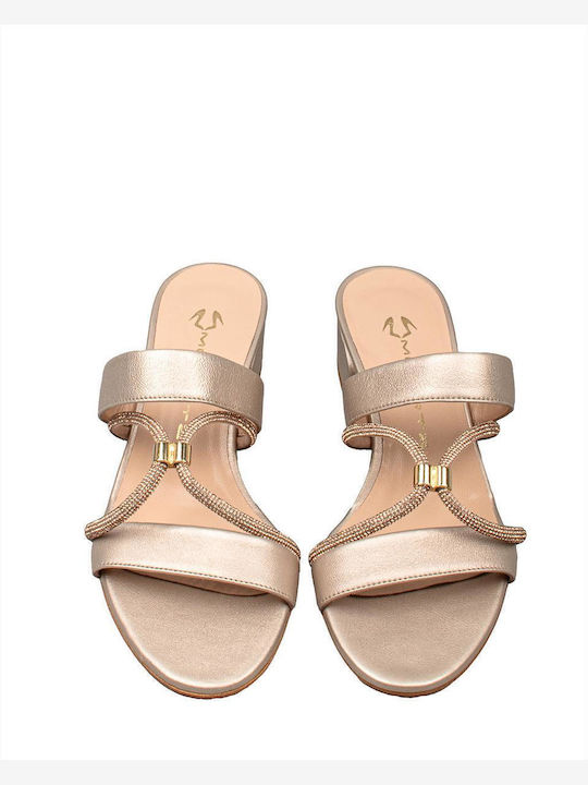 Leather Mules with Chunky Low Heel in Gold Color