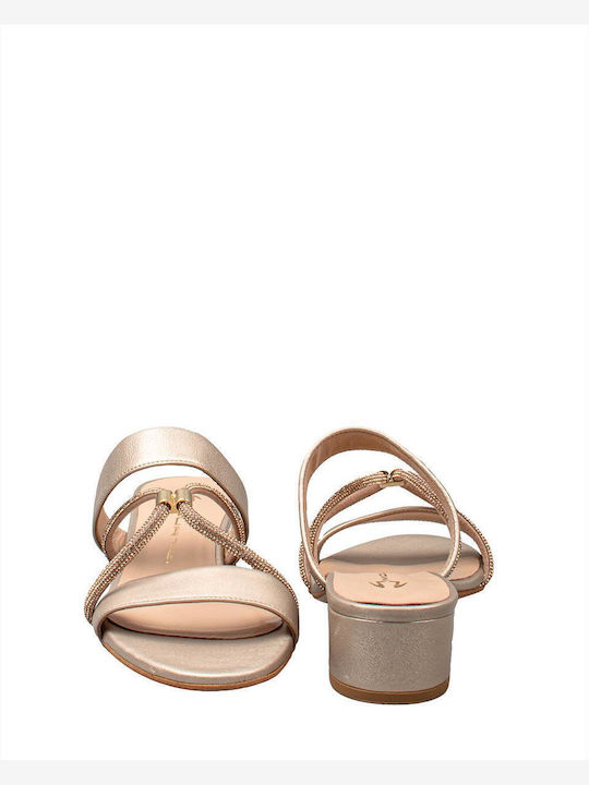 Leather Mules with Chunky Low Heel in Gold Color