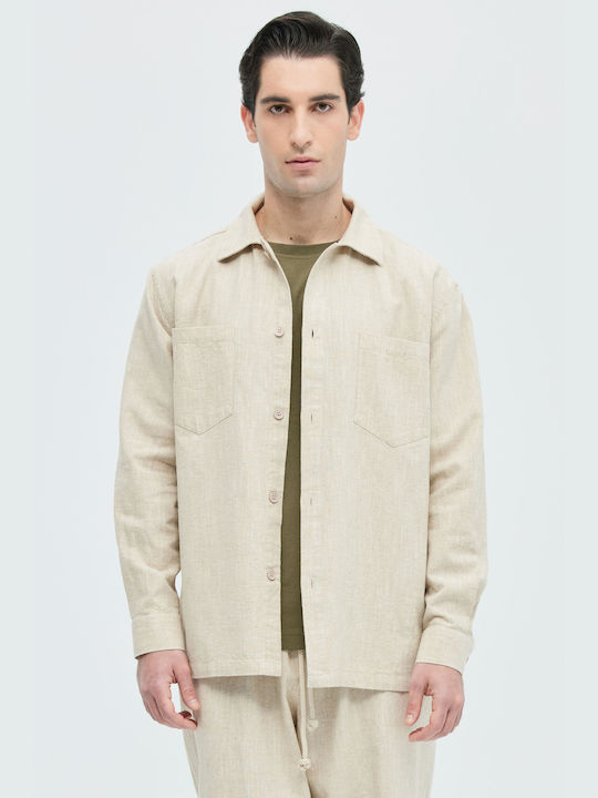 Aristoteli Bitsiani Men's Shirt Overshirt Long Sleeve Linen Beige