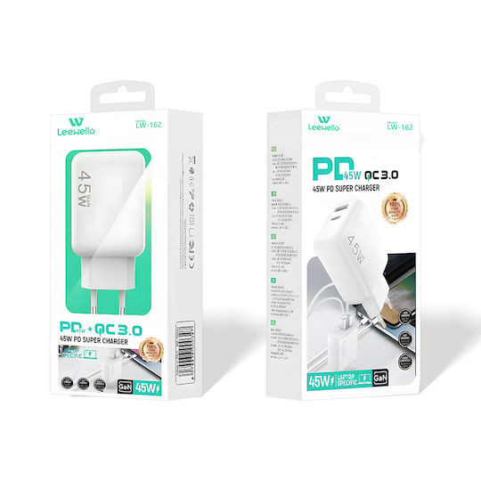 Leewello Încărcător Fără Cablu cu Port USB-A și Port USB-C 45W Livrarea energiei Albς (Lw-162)