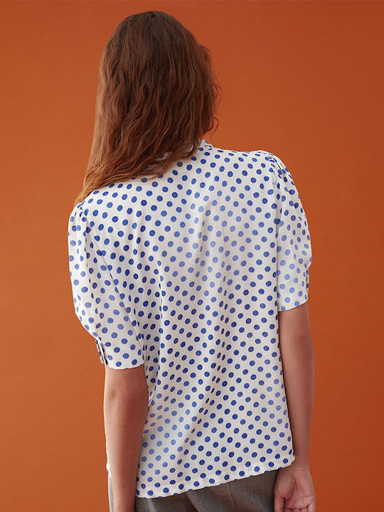 IBlues Women's Summer Blouse Short Sleeve with V Neckline Polka Dot Blue