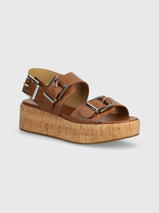 Michael Kors Leather Women's Flat Sandals Flatforms in Tabac Brown Color