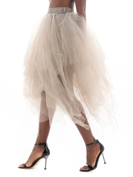 Souvenir High Waist Skirt with Tulle in Beige color