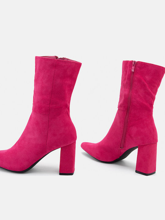Suede Women's Ankle Boots with High Heel Fuchsia