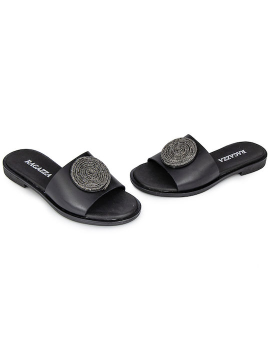 Ragazza Leather Women's Flat Sandals in Black Color