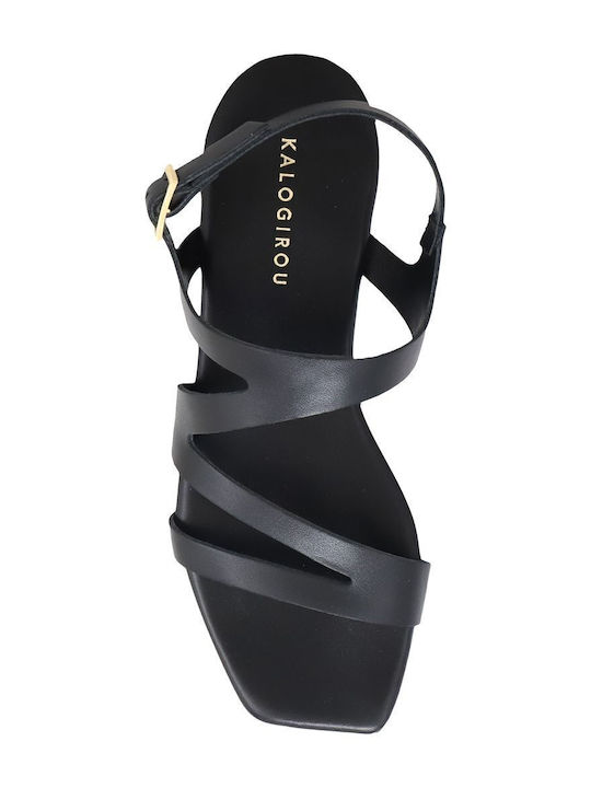 Leather Women's Flat Sandals in Black Color