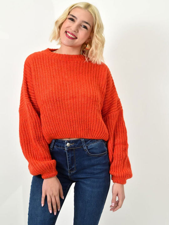 Potre Damen Langarm Crop Pullover Rollkragen Orange