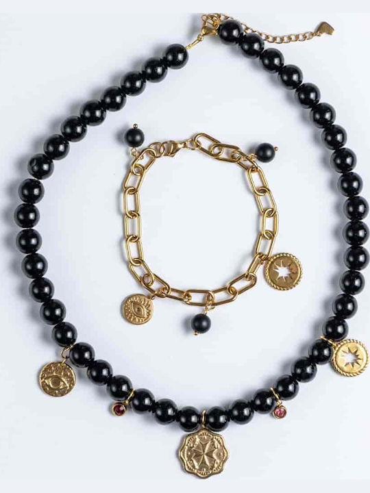 Handmade Cuoro Bracelet Made of Stainless Steel Chain and Semi-Precious Onyx Stones