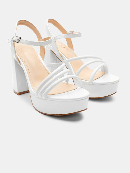 Luigi Platform Synthetic Leather Women's Sandals with Ankle Strap White with Low Heel