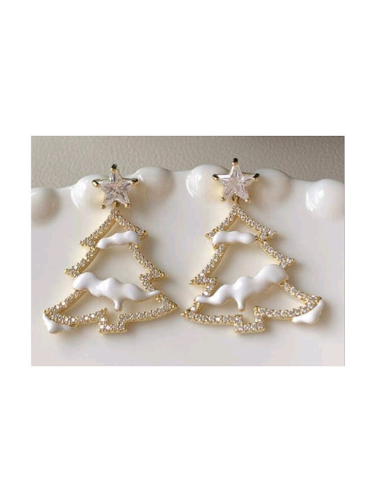 Handmade Gold Metal Christmas Tree Earrings with Snow and Star with Rhinestones 3cm (tatu Moyo)