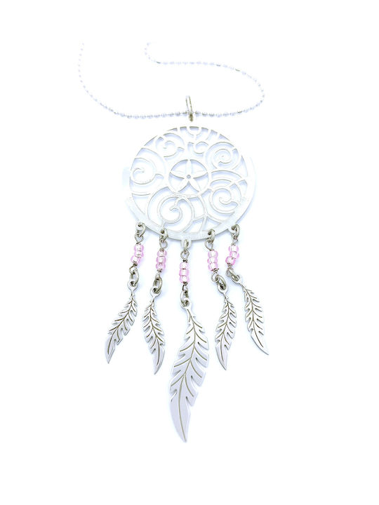 925 Silver Plated Necklace with Dreamcatcher Design Stars Shells with 5 Feathers and Pink Transparent Zircon Stones