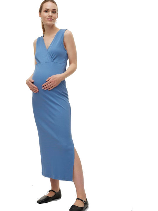 Cotton Sleeveless Maternity Maxi Dress Light Blue