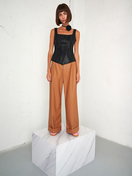 Women's High-waisted Fabric Trousers Brown