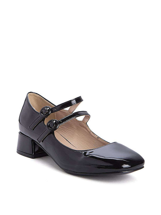 Keep Fred Patent Leather Black Low Heels with Strap