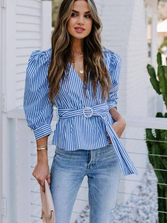 Women's Summer Blouse Cotton Long Sleeve Striped Blue