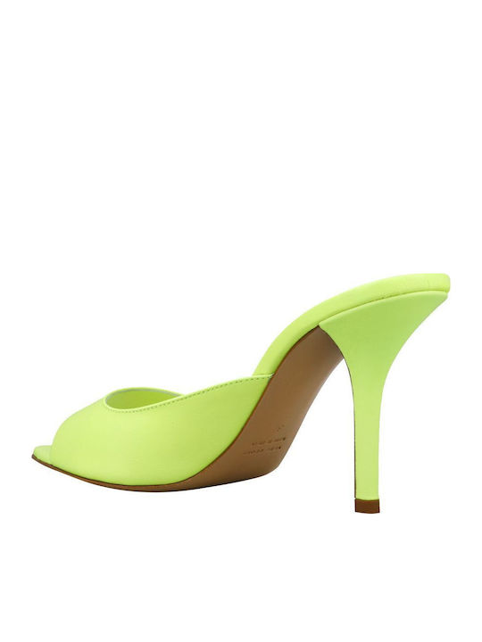 Leather Mules with Thin High Heel in Yellow Color