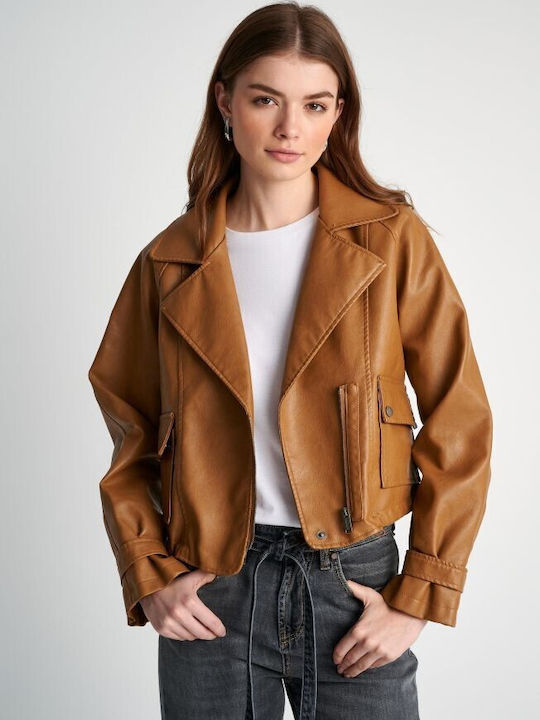 Attrattivo Women's Short Biker Artificial Leather Jacket for Winter Tabac Brownc Brown