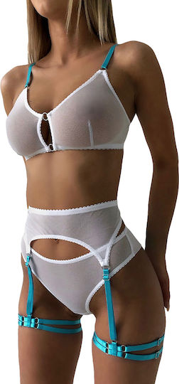 Sexy Women's Lingerie Set Sensual Bra Belt White-blue R.m
