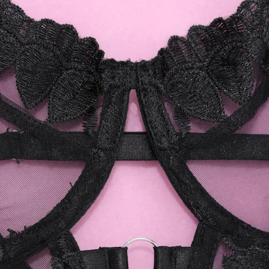 Liza Lingerie Set with Embossed Floral Design Corset, Sheer Panels, Underwire, Cutouts & High-Waisted Sheer Thong