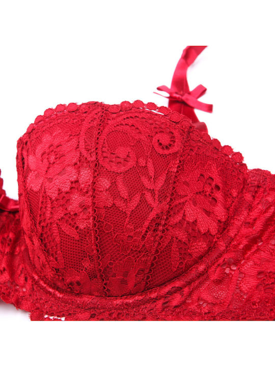 Flore Shell Shape Padded Balconette Bra Set with Floral Lace, Double Strap with Bow & Sheer Thong with Large Bow