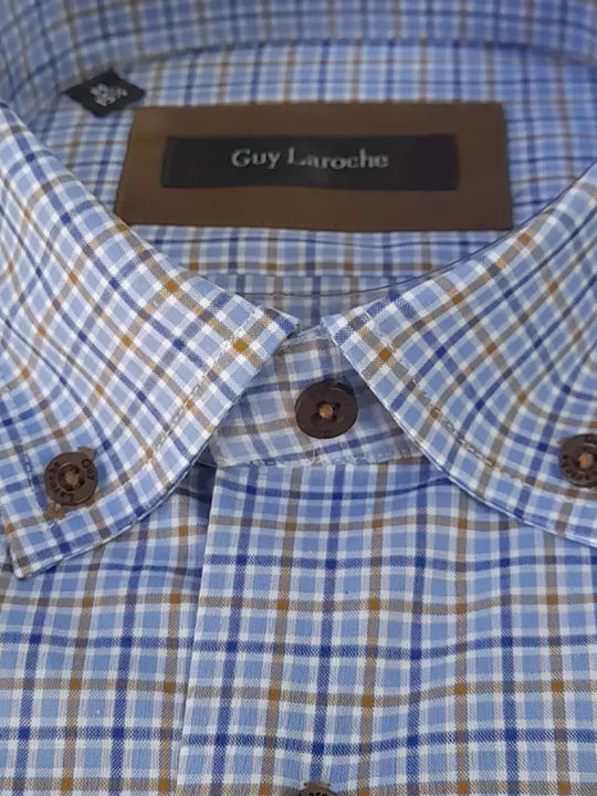 Guy Laroche Men's Shirt Long Sleeve Cotton Checked Blue