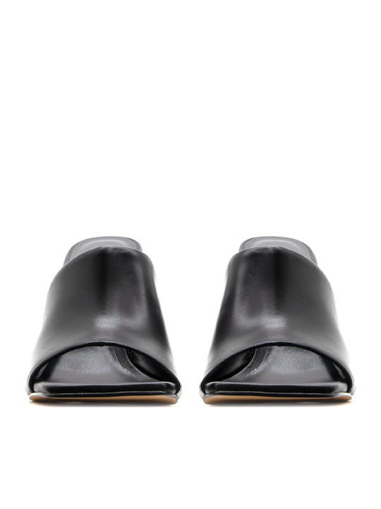 Δερμάτινα Mules με Χοντρό Ψηλό Τακούνι σε Μαύρο Χρώμα