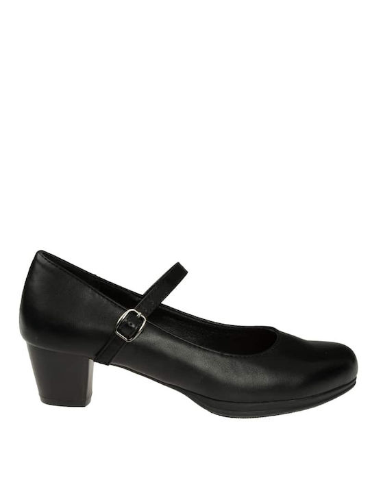 Synthetic Leather Black Medium Heels with Strap