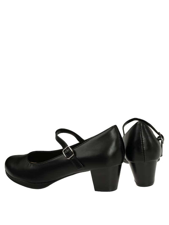 Synthetic Leather Black Medium Heels with Strap