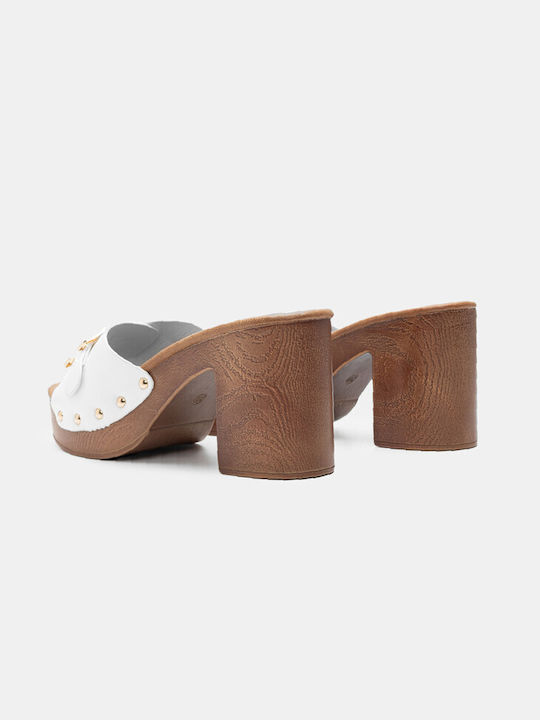 Luigi Chunky Heel Mules White