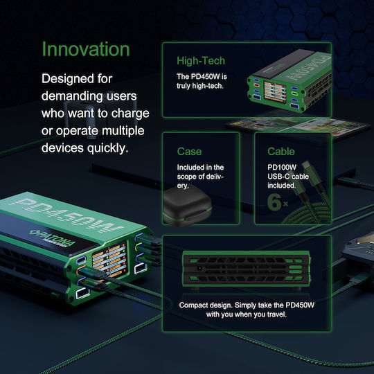 Patona Charging Station With 2 USB-A Output Ports And 6 USB-C Output Ports And USB-C - USB-C Power Delivery Cable In Green Color PD450W