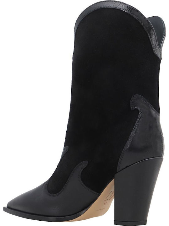 Leather Women's Cowboy Boots with High Heel Black