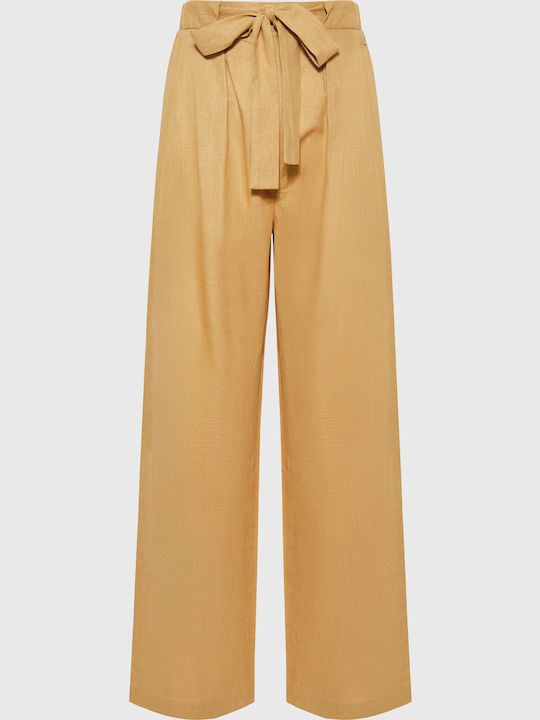 Women's High-waisted Fabric Trousers with Elastic Oat Milk