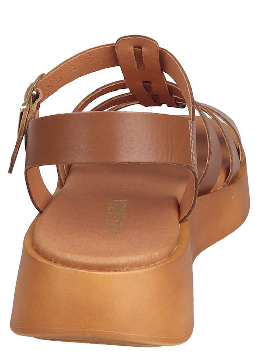 Leder Flache Sandalen für Damen mit Riemen Flatforms in Tabac Braun Farbe
