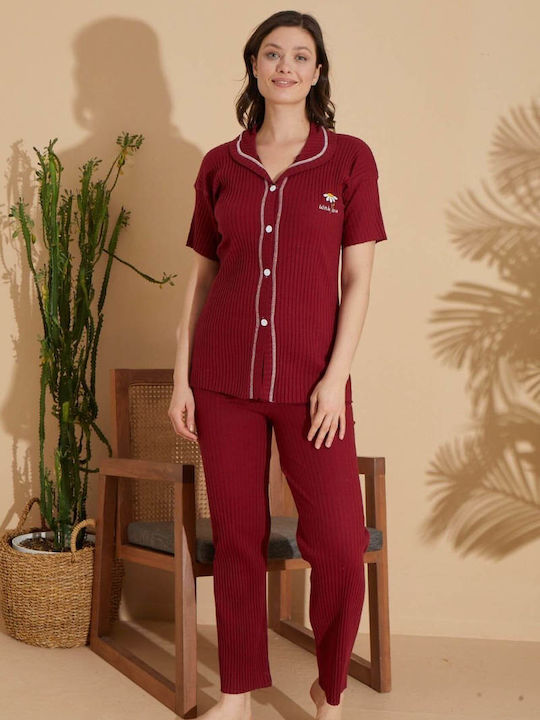 Marilyn Mood Sommer Damen Pyjama-Set Baumwolle Bordeaux