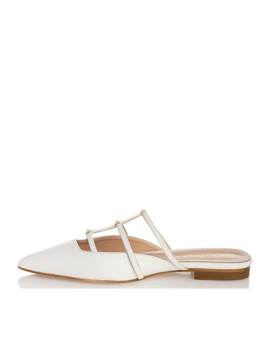 Flat Leather Mules in White Color