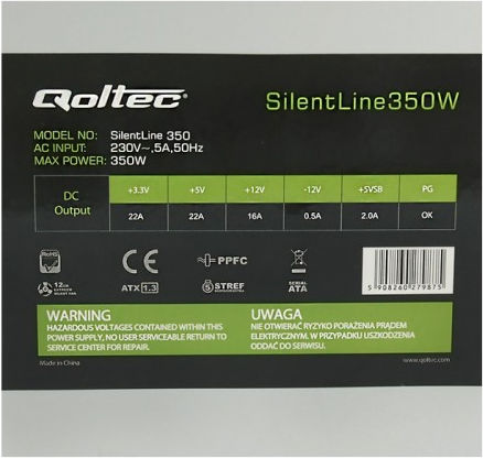 Qoltec Silentline 350W Gray Computer Power Supply Full Wired