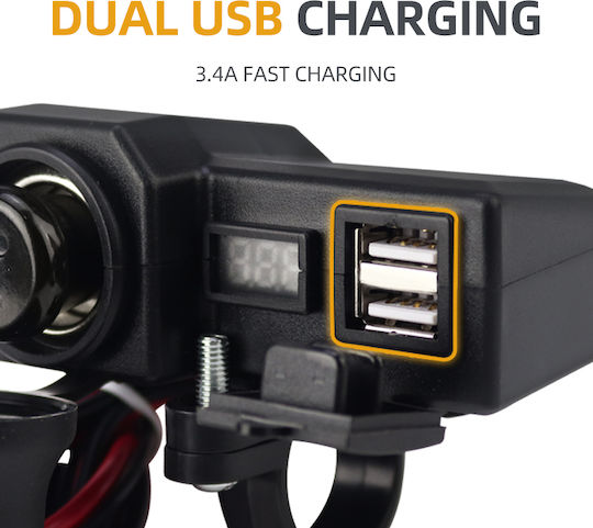 Motowolf Încărcător pentru Motocicletă de Încărcare Rapidă cu Porturi: 2xUSB & 1xBriquet cu Voltmetru