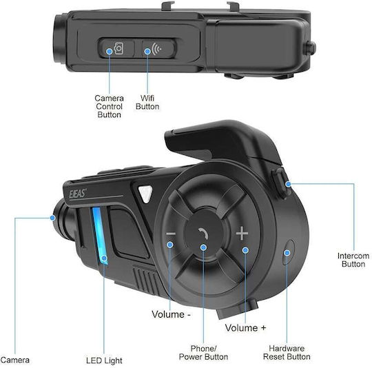 EJEAS K1 Einzelne Gegensprechanlage für Motorradhelm mit Bluetooth & Kamera