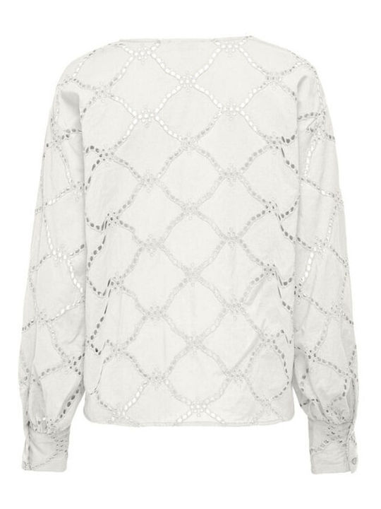 Only Damen Sommer Bluse Baumwolle Langärmelig White