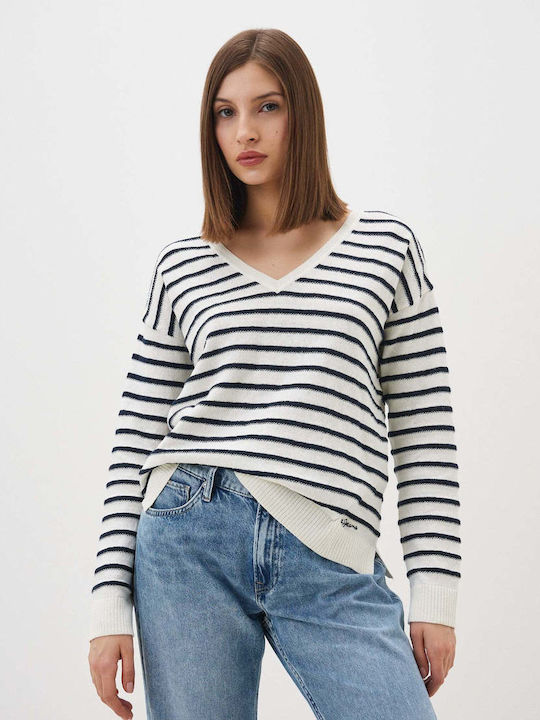 Pepe Jeans Women's Long Sleeve Sweater Cotton Striped White