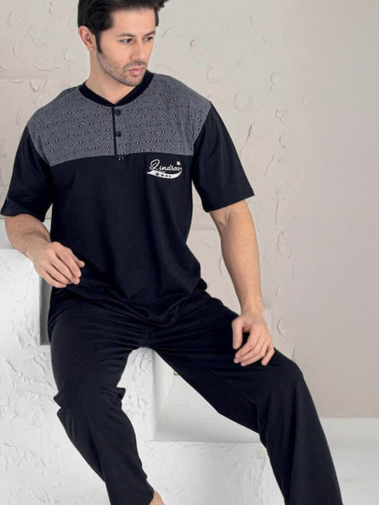 Lindros Men's Summer Cotton Pajamas Set Black