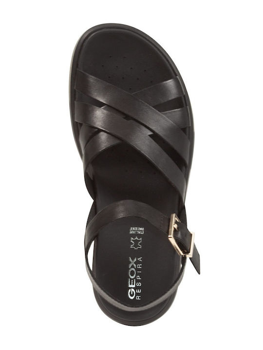 D Xand Leather Women's Flat Sandals with Strap in Black Color
