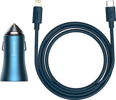 Baseus Car Charger Blue Shake Head Total Intensity 3A Fast Charging with Ports: 1xUSB 1xType-C with Cable Type-C