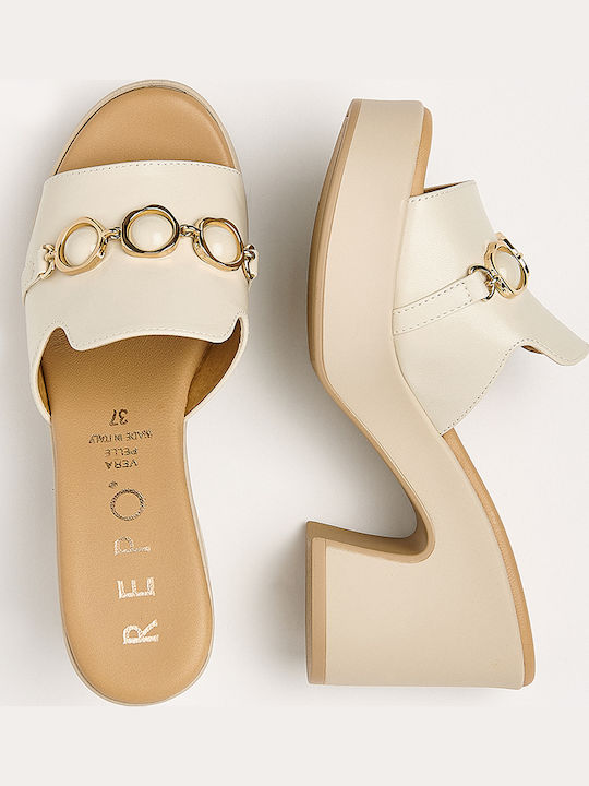 Leather Mules with Chunky Low Heel in Beige Color
