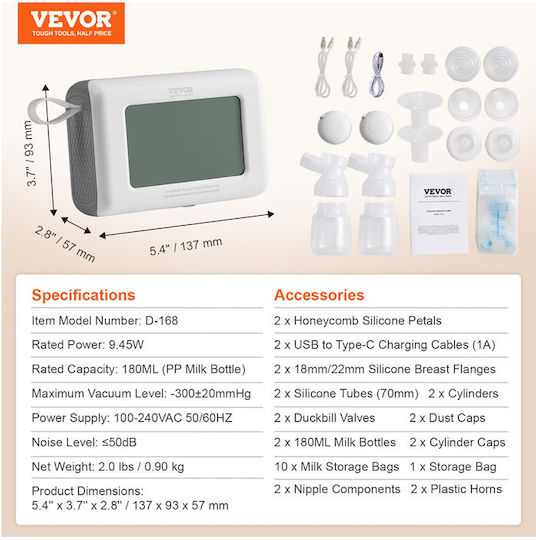 Vevor Pompa de sân dublă electrică Funcționează cu baterie Alb 180ml