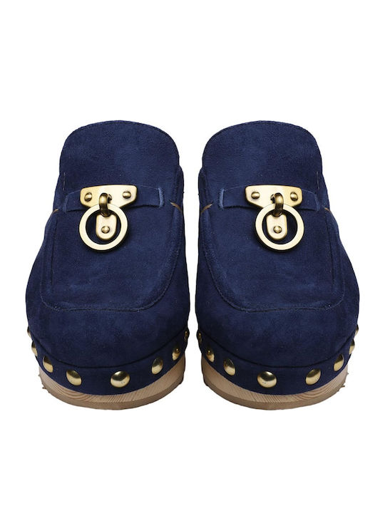Leather Mules with Chunky Low Heel in Blue Color