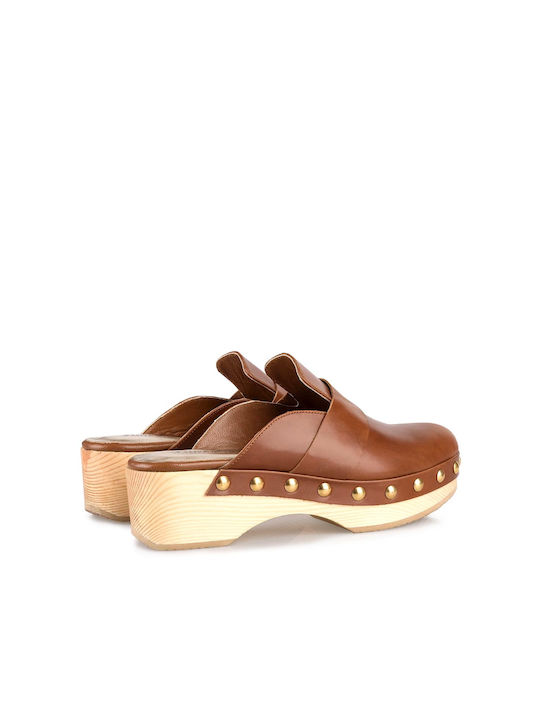 I Love Sandals Leder Mules mit Chunky Niedrig Absatz in Tabac Braun Farbe