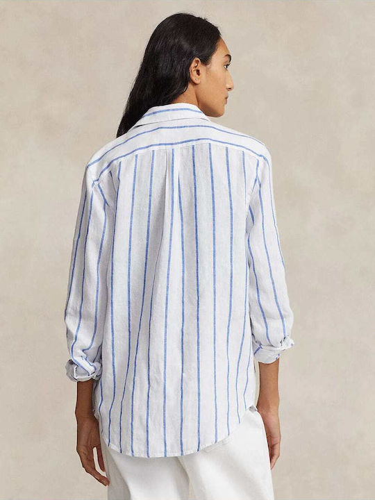 Ralph Lauren Women's Linen Striped Long Sleeve Shirt White