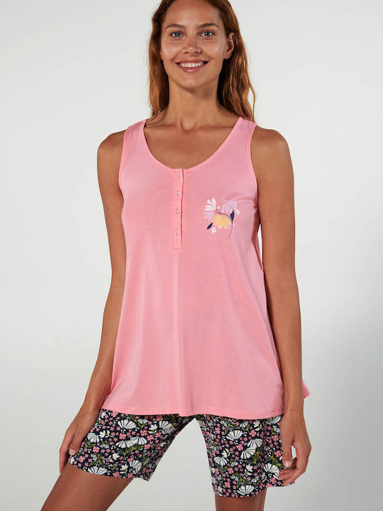 Vamp Sommer Damen Pyjama-Set Baumwolle Pink Geranium